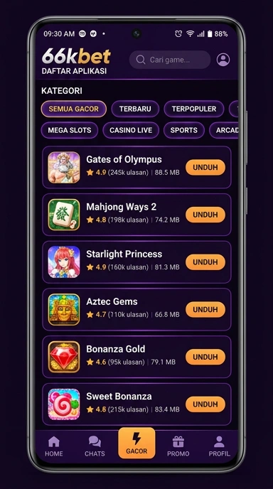 Tampilan katalog aplikasi 66kbet