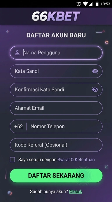 Tampilan halaman daftar 66kbet
